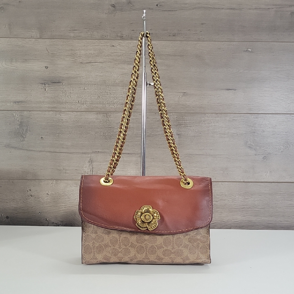Coach 30585 Parker Signature Canvas Leather Tea Rose Turnlock Shoulder Bag Purse